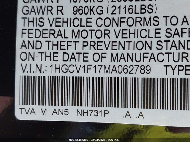 Honda ACCORD LX 2021 1HGCV1F17MA062789 Image 9