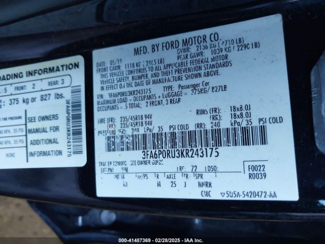 3FA6P0RU3KR243175 Ford Fusion Hybrid Titanium