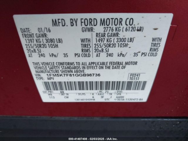 1FM5K7F81GGB98736 Ford Explorer Limited