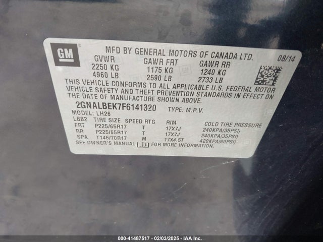 Chevrolet EQUINOX 1LT 2015 2GNALBEK7F6141320 Image 9