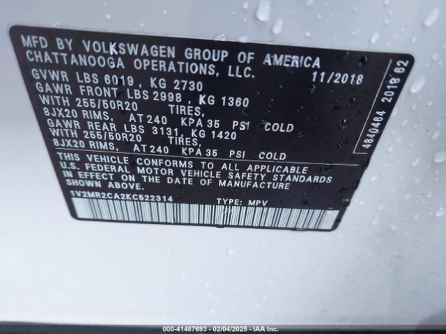 1V2MR2CA2KC522314 Volkswagen Atlas 3.6l V6 Sel
