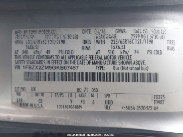 1FBZX2ZM9GKB07457 Ford Transit-350 Xlt
