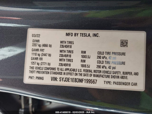 2022 TESLA MODEL 3 5YJ3E1EB3NF199567 Photo 8