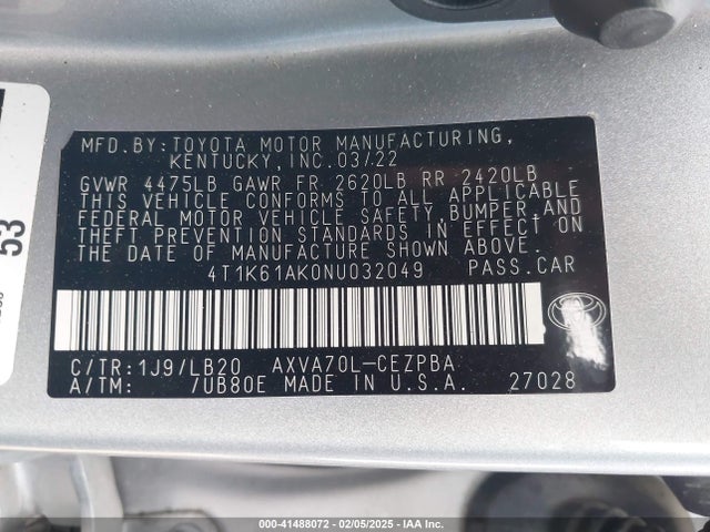 4T1K61AK0NU032049 Toyota CAMRY XSE
