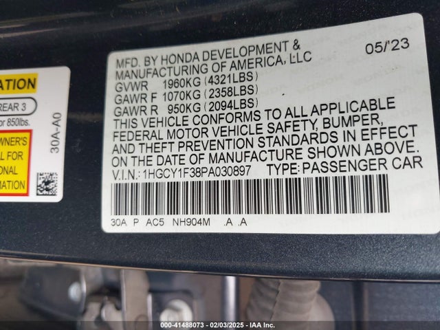 1HGCY1F38PA030897 Honda ACCORD EX
