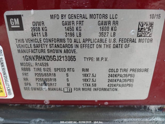 1GNKRHKD5GJ213065 Chevrolet Traverse 2lt