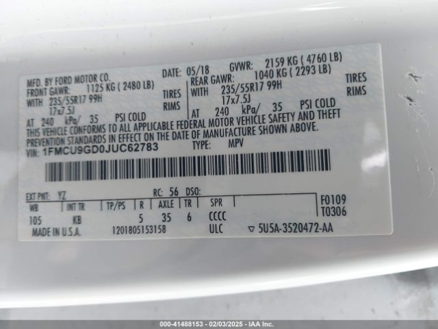 1FMCU9GD0JUC62783 Ford ESCAPE SE
