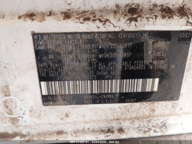 4T3RWRFV6NU056573 Toyota Rav4 Hybrid Xle