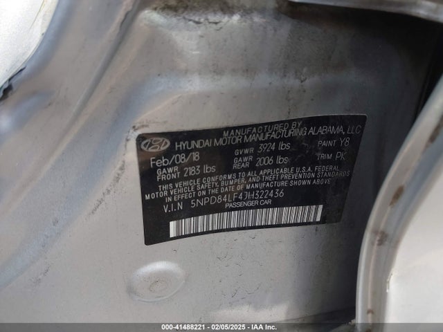 5NPD84LF4JH322436 Hyundai ELANTRA SEL