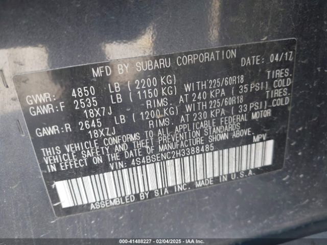 4S4BSENC2H3388485 Subaru Outback 3.6r Limited
