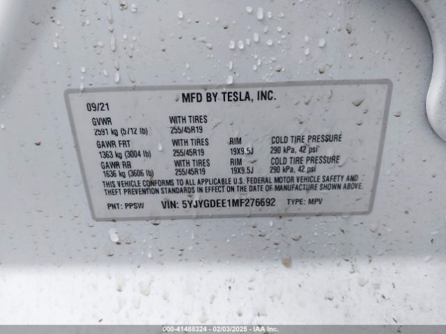 5YJYGDEE1MF276592 Tesla Model Y Long Range Dual Motor All-wheel Drive