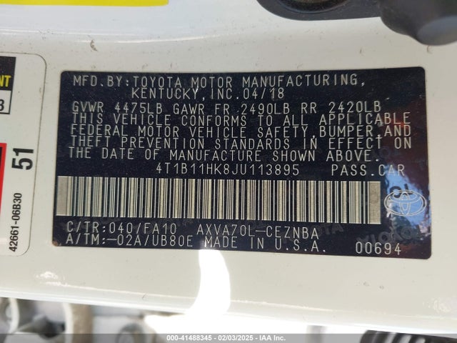4T1B11HK8JU113895 Toyota CAMRY LE