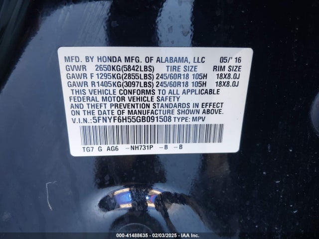 5FNYF6H55GB091508 Honda Pilot Ex-l