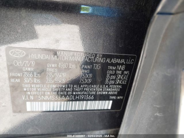 5NMS33AA0LH191366 Hyundai Santa Fe Sel 2.0t