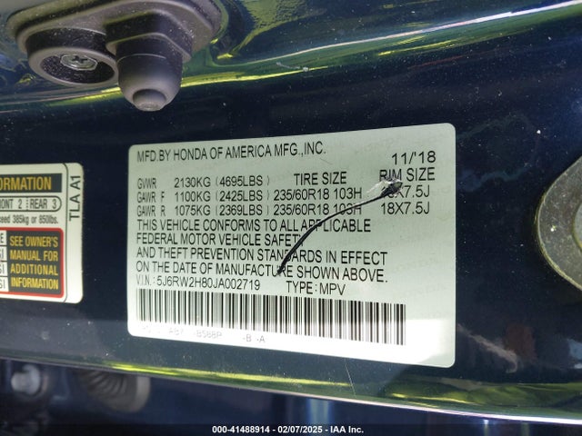 5J6RW2H80JA002719 Honda Cr-v Ex-l/ex-l Navi