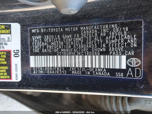 2T1BURHE3KC180066 Toyota COROLLA LE