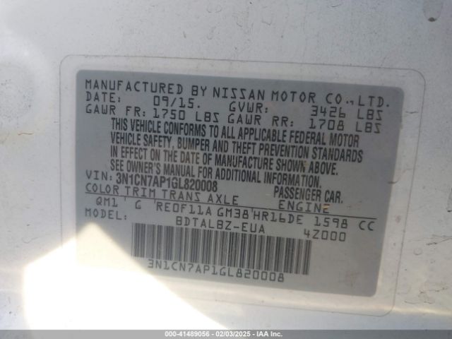 3N1CN7AP1GL820008 Nissan Versa 1.6 S/1.6 S+/1.6 Sl/1.6 Sv