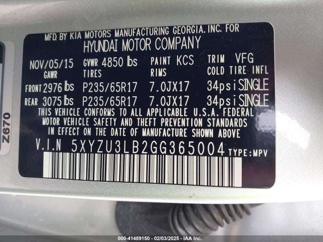 5XYZU3LB2GG365004 Hyundai Santa Fe Sport 2.4l