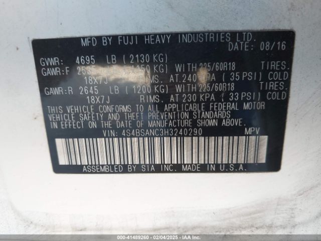 4S4BSANC3H3240290 Subaru Outback 2.5i Limited