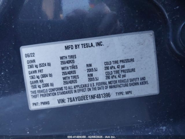 7SAYGDEE1NF481396 Tesla Model Y Long Range Dual Motor All-wheel Drive