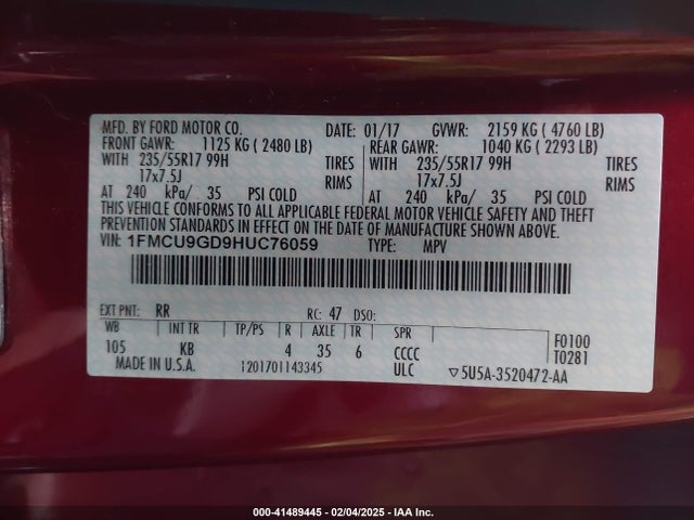 Ford ESCAPE SE 2017 1FMCU9GD9HUC76059 Image 9
