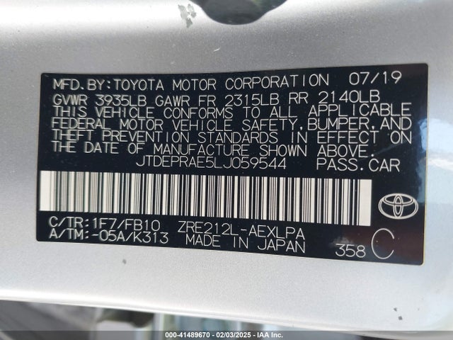 JTDEPRAE5LJ059544 Toyota COROLLA LE
