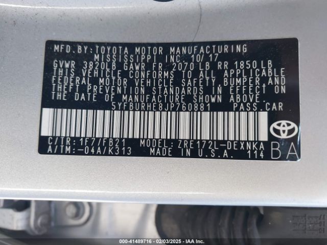 5YFBURHE8JP760881 Toyota COROLLA LE
