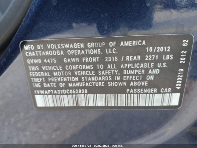 Aukcja sprzedaży 2013 Volkswagen Passat 2.5l S, vin: 1VWAP7A37DC053930, numer aukcji: 41489731
