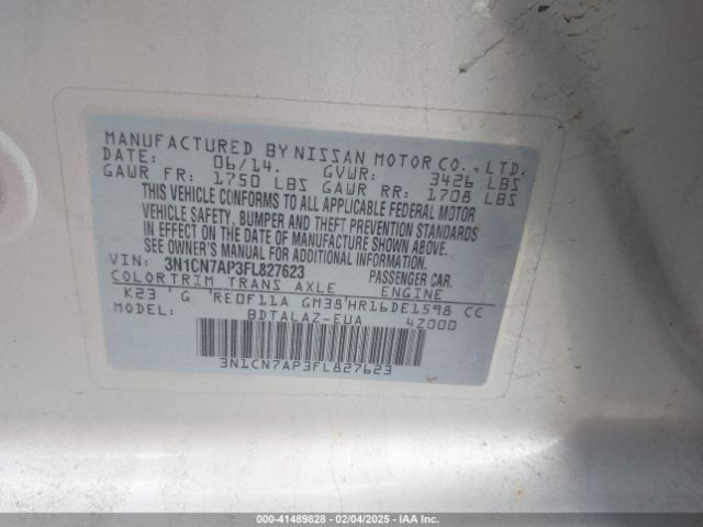 3N1CN7AP3FL827623 Nissan Versa 1.6 S+