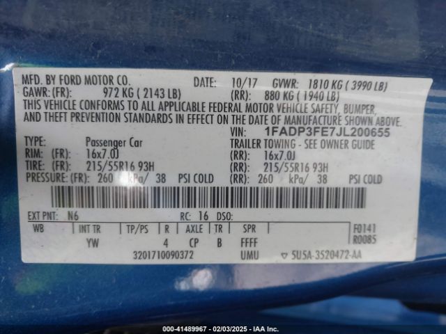 1FADP3FE7JL200655 Ford FOCUS SE