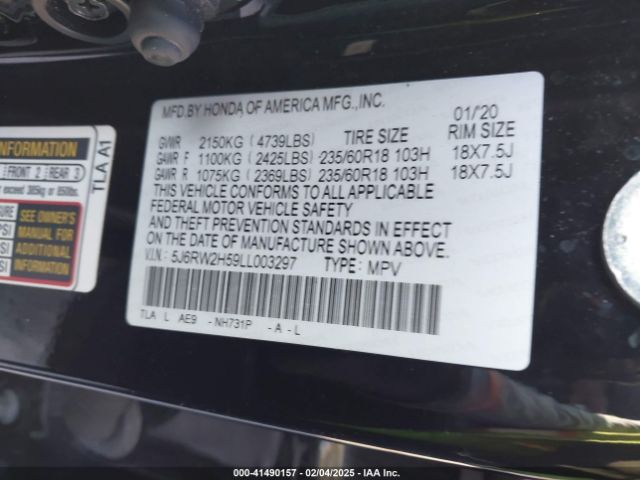 5J6RW2H59LL003297 Honda Cr-v Awd Ex