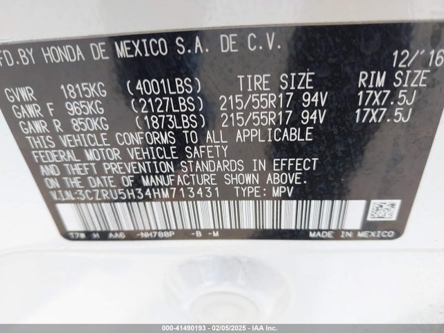 3CZRU5H34HM713431 Honda r18z9