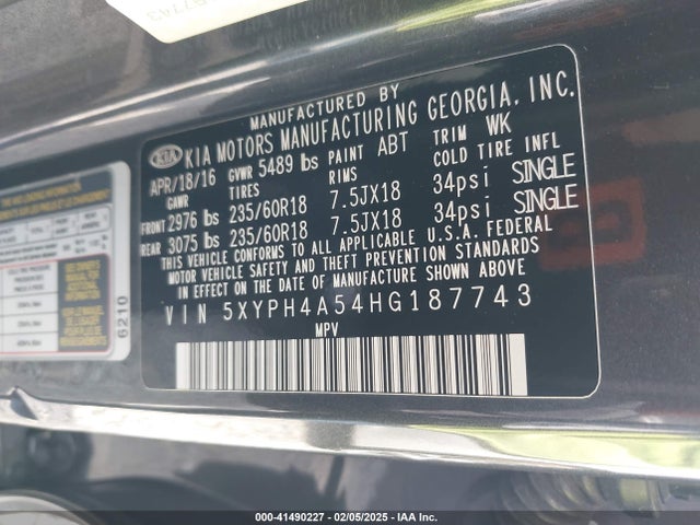 5XYPH4A54HG187743 KIA Sorento 3.3l Ex