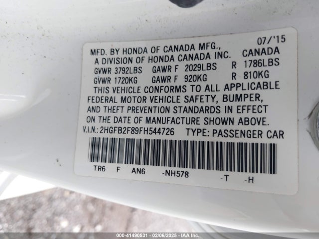 Honda r18z1 2015 2HGFB2F89FH544726 Image 9