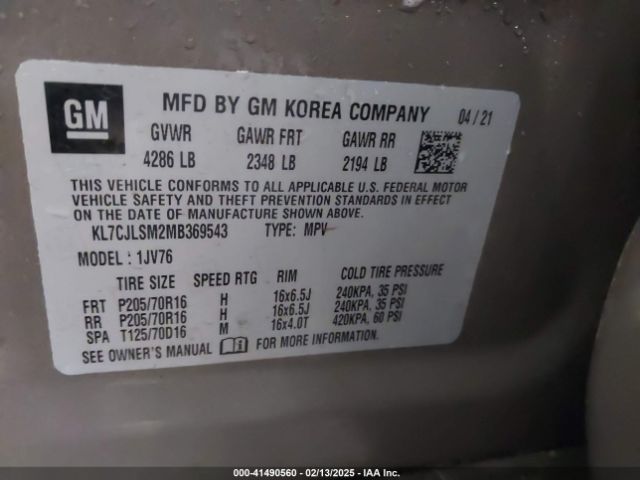 KL7CJLSM2MB369543 Chevrolet Trax Fwd Lt