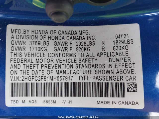 2HGFC2F81MH557917 Honda Civic Sport