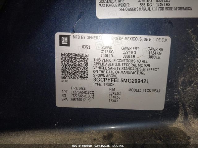3GCPYFEL5MG299421 Chevrolet Silverado 1500 4wd  Short Bed Lt Trail Boss