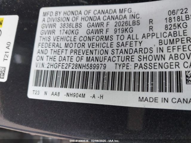 2HGFE2F28NH589979 Honda Civic Lx