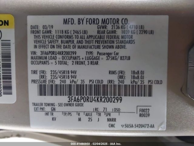 3FA6P0RU4KR200299 Ford Fusion Hybrid Titanium