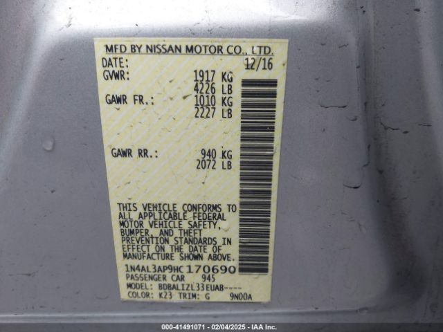 1N4AL3AP9HC170690 Nissan Altima 2.5 Sv