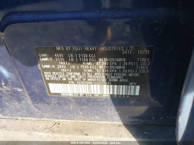 Subaru Outback 2.5i Limited 2016 4S4BSBNC1G3277245 Image 9