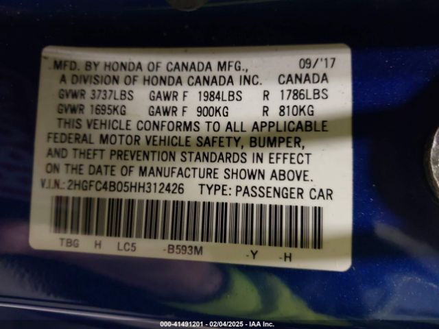 2HGFC4B05HH312426 Honda Civic Lx-p