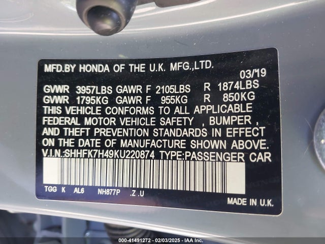 SHHFK7H49KU220874 Honda Civic Sport