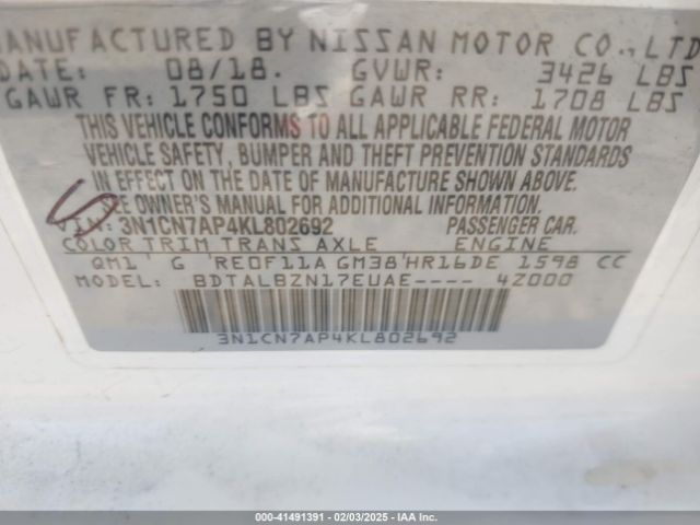 3N1CN7AP4KL802692 Nissan Versa 1.6 Sv