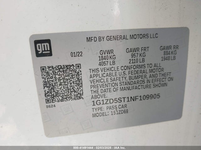 41491444 :رقم المزاد ، 1G1ZD5ST1NF109905 vin ، 2022 Chevrolet Malibu Fwd Lt مزاد بيع
