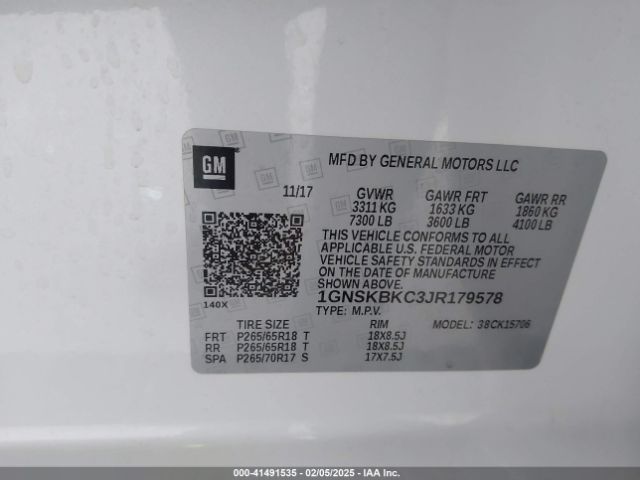 1GNSKBKC3JR179578 Chevrolet Tahoe Lt