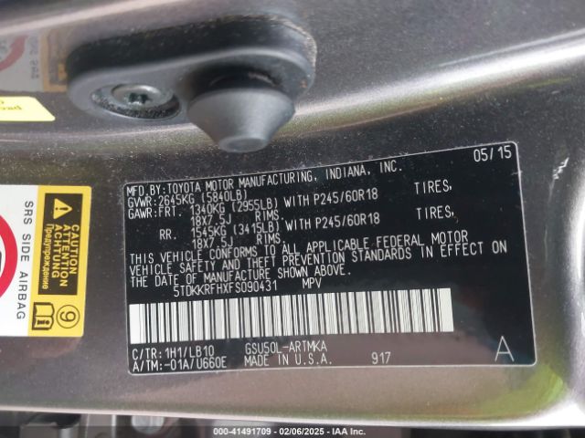 5TDKKRFHXFS090431 Toyota Highlander Xle V6