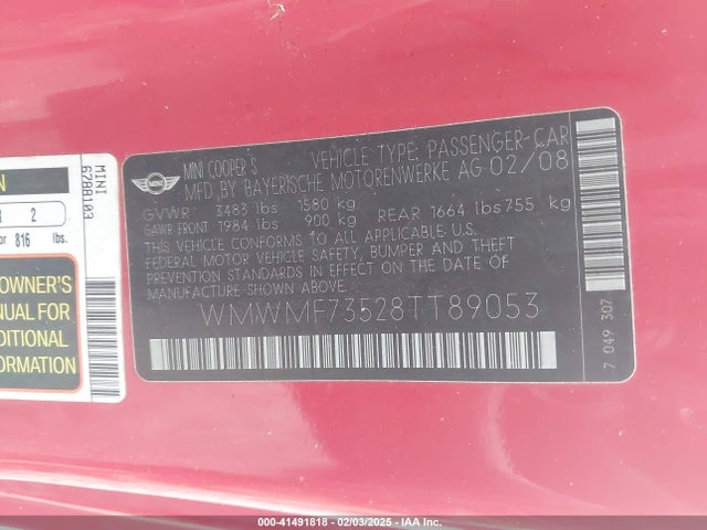 2008 MINI COOPER S WMWMF73528TT89053 Photo 8