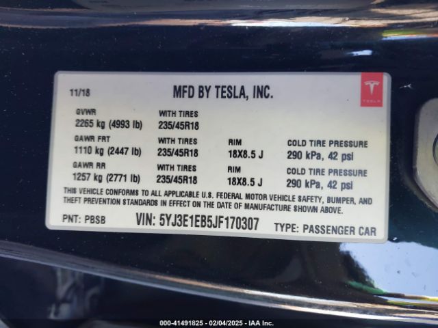 5YJ3E1EB5JF170307 Tesla Model 3 Long Range/performance