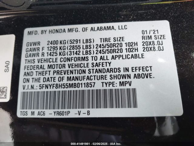 5FNYF8H55MB011857 Honda Passport Awd Ex-l